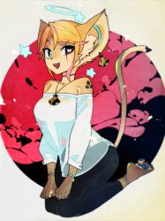 Rule 34 | 1girl, :d, animal ears, ankleband, bare shoulders, barefoot, black pants, blonde hair, blue choker, choker, colored skin, earrings, full body, furry, furry female, green eyes, halo, heterochromia, highres, idkuroi, jewelry, kuroi-chan (kuroi moyamoya), legs together, looking at viewer, necklace, off-shoulder shirt, off shoulder, open mouth, original, pants, red eyes, seiza, shell, shell earrings, shell necklace, shirt, sitting, smile, solo, star-shaped pupils, star (symbol), symbol-shaped pupils, tail, tail raised, white shirt, wristband, yellow fur, yellow skin