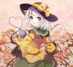 Rule 34 | 1girl, bad id, bad pixiv id, bow, dise (psychoro), flower, grey eyes, hat, hat bow, heart, heart of string, komeiji koishi, long sleeves, looking at viewer, looking back, open mouth, outstretched arms, pink flower, pink rose, rose, shirt, silver hair, skirt, smile, solo, third eye, touhou, wide sleeves