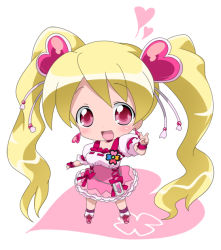 Rule 34 | 00s, 1girl, blonde hair, boots, bow, chibi, cure peach, fresh precure!, hair ornament, heart hair ornament, magical girl, momozono love, pink bow, pink footwear, precure, solo, twintails, v