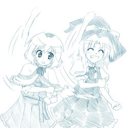Rule 34 | 2girls, ^ ^, ahoge, alice margatroid, aqua theme, bow, braid, capelet, clenched hand, closed eyes, dress, female focus, frills, grin, hat, hat bow, kirisame marisa, monochrome, multiple girls, puffy sleeves, shanghai doll, shawl, short sleeves, single braid, sketch, smile, touhou, white background, witch hat