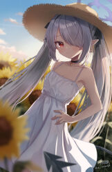 Rule 34 | 1girl, alternate costume, backlighting, bare arms, bare shoulders, black choker, blue archive, blue sky, blurry, blush, breasts, choker, closed mouth, cloud, collarbone, commentary request, dark-skinned female, dark skin, demon tail, depth of field, dress, expressionless, field, flower, flower field, grey hair, hair over one eye, halo, hand on own hip, hat, highres, iori (blue archive), long hair, looking at viewer, morning, one eye covered, outdoors, pointy ears, purple halo, red eyes, sese nagi, signature, sky, sleeveless, sleeveless dress, small breasts, solo, spaghetti strap, straw hat, sun hat, sundress, sunflower, sunflower field, tail, tsurime, twintails, very long hair, white dress