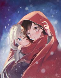 Rule 34 | 2girls, blue eyes, blush, brown eyes, brown hair, cape, ecru, long hair, long sleeves, looking at viewer, multiple girls, one eye closed, parted lips, red cape, ruby rose, rwby, shared cape, shared clothes, short hair, side ponytail, signature, silver hair, snowing, upper body, very long hair, weiss schnee