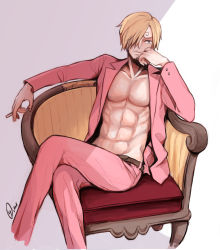 Rule 34 | 1boy, abs, armchair, belt, blonde hair, chair, cigarette, facial hair, hair over one eye, hand on own face, head rest, male focus, one piece, open clothes, open shirt, pink suit, sanji (one piece), shirt, sitting, solo, suit