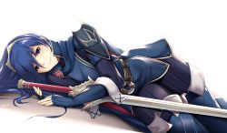 Rule 34 | 1girl, armor, artist name, belt, blue cape, blue eyes, blue footwear, blue gloves, blue hair, blush, boots, cape, closed mouth, commentary, commission, dutch angle, elbow gloves, emblem, falchion (fire emblem), fingerless gloves, fire emblem, fire emblem awakening, gloves, hair between eyes, long hair, looking at viewer, lucina (fire emblem), lying, nintendo, on side, pantyhose, pauldrons, purple thighhighs, shoulder armor, shoulder pads, simple background, solo, striped clothes, striped pantyhose, striped thighhighs, sword, symbol-shaped pupils, tareme, thigh boots, thighhighs, tiara, tony guisado, unsheathed, vertical-striped clothes, vertical-striped pantyhose, vertical-striped thighhighs, weapon, white background