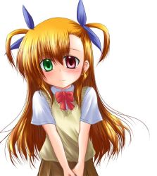 Rule 34 | 00s, 1girl, aged down, blue ribbon, blush, bow, bowtie, brown skirt, child, closed mouth, collared shirt, cowboy shot, green eyes, hair ribbon, heterochromia, long hair, looking at viewer, lyrical nanoha, mahou shoujo lyrical nanoha, mahou shoujo lyrical nanoha strikers, misana, orange hair, own hands together, red bow, red bowtie, red eyes, ribbon, school uniform, shirt, short sleeves, skirt, smile, solo, sweater vest, tareme, two side up, v arms, very long hair, vivio, white shirt, wing collar