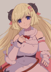 Rule 34 | 1girl, absurdres, animal ears, belt pouch, blonde hair, blue eyes, bow, bowtie, breasts, brooch, cape, closed mouth, curled horns, detached sleeves, dress, fur-trimmed dress, fur-trimmed sleeves, fur trim, grey background, hair ornament, hairclip, highres, hololive, horns, huge filesize, jewelry, large breasts, long hair, looking at viewer, melato, pink cape, pouch, purple eyes, red bow, red bowtie, ribbed sleeves, sheep ears, sheep girl, sheep horns, simple background, sleeveless, sleeveless dress, smile, solo, tsunomaki watame, tsunomaki watame (1st costume), underbust, upper body, very long hair, virtual youtuber, white dress
