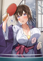Rule 34 | !, !!, 1girl, :o, @ @, ahoge, ball, bath yukata, between breasts, blush, bouncing breasts, breasts, brown hair, cleavage, hawawa-chan (shiro kuma shake), highres, holding, holding paddle, indoors, japanese clothes, kimono, large breasts, open mouth, original, paddle, sack, sash, shiro kuma shake, short hair, sliding doors, snowflake print, solo, striped clothes, striped kimono, table tennis, table tennis ball, table tennis net, table tennis paddle, vertical-striped clothes, vertical-striped kimono, wavy mouth, yukata