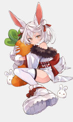 Rule 34 | 1girl, animal ears, brown eyes, commentary request, fur-trimmed sleeves, fur trim, gloves, grey background, grey hair, highres, obi, hugging object, off shoulder, original, rabbit ears, sash, shoe soles, shoes, short eyebrows, simple background, solo, stuffed carrot, thick eyebrows, thighhighs, white footwear, white gloves, white thighhighs, yuko (uc yuk)