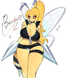 Rule 34 | 1girl, antennae, arthropod girl, bee, bee girl, beedrill, black skin, blonde hair, breasts, bug, choker, cleavage, colored sclera, colored skin, creatures (company), crop top, game freak, gen 1 pokemon, heart, highres, huge breasts, insect, insect girl, insect wings, long hair, looking at viewer, midriff, navel, nintendo, pokemon, pokemon (creature), ponytail, red sclera, short shorts, shorts, spikes, stinger, thick thighs, thigh strap, thighs, togetoge, transparent wings, white eyes, wide hips, wings, yellow skin, zipper