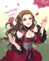 Rule 34 | 1girl, :d, breasts, brown hair, character name, cleavage, detached sleeves, dorothea arnault, dress, earrings, fire emblem, fire emblem: three houses, green eyes, happy birthday, jewelry, long hair, long sleeves, looking up, medium breasts, nintendo, open mouth, red dress, red sleeves, robaco, sketch, sleeveless, sleeveless dress, smile, solo, standing, straight hair, very long hair