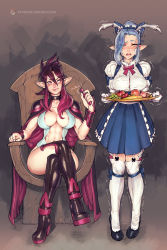 Rule 34 | 2girls, animal ears, apple, banana, bbc-chan, blonde hair, blush, boots, bow, bowtie, breasts, breasts apart, cape, center opening, choker, crossed legs, dress, elf, food, fruit, full body, gloves, grapes, hair over one eye, half-closed eyes, highres, large breasts, looking at viewer, maid, multiple girls, naughty face, nipples, open mouth, original, plate, pointy ears, purple eyes, purple hair, saliva, sex toy, sitting, smile, standing, thighhighs, throne, trembling, vambraces, vibrator, white legwear, yellow eyes