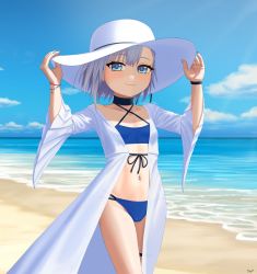 Rule 34 | 1girl, absurdres, beach, bikini, blue bikini, blue eyes, blue nails, blue sky, blue wristband, blush, closed mouth, cloud, coat, collarbone, cowboy shot, earrings, eyelashes, flat chest, grey hair, hair ornament, halterneck, hands on headwear, hat, highres, jewelry, looking at viewer, nail polish, navel, navel piercing, ocean, off shoulder, piercing, red wristband, rurine luna, sand, shade, signature, sky, smile, solo, star (symbol), star hair ornament, stomach, summer, sun hat, swimsuit, thigh strap, virtual youtuber, wactor production, water, white coat, white hat, wide sleeves, wristband, yof (sc gazer)