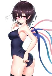 Rule 34 | 1girl, ahoge, armpits, ass, asymmetrical wings, bad id, bad twitter id, bare shoulders, black hair, black one-piece swimsuit, black thighhighs, blue wings, blush, breasts, closed mouth, frown, furrowed brow, highres, houjuu nue, looking at viewer, looking back, magenta eyes, medium breasts, one-piece swimsuit, pointy ears, red wings, short hair, simple background, solo, swimsuit, teraguchi, thighhighs, touhou, white background, wings
