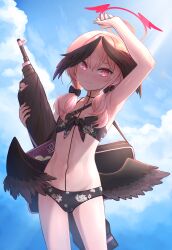 Rule 34 | 1girl, arm up, armpits, bikini, black bikini, black wings, blue archive, blue sky, closed mouth, cloud, day, flat chest, floral print, front-tie bikini top, front-tie top, halo, head wings, highres, koharu (blue archive), koharu (swimsuit) (blue archive), looking at viewer, low wings, official alternate costume, pink eyes, pink hair, print bikini, revision, ruraji, sky, solo, standing, swimsuit, wings