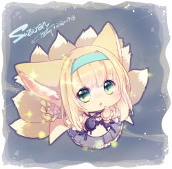 Rule 34 | 1girl, :o, animal ears, arknights, black gloves, blonde hair, braid, braided hair rings, character name, chibi, commentary request, dated, dress, finger to mouth, fox ears, fox girl, fox tail, from above, gloves, green eyes, hair rings, keluy, kitsune, kyuubi, multiple tails, parted lips, purple dress, single glove, single wrist cuff, solo, suzuran (arknights), tail, wrist cuffs
