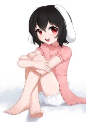 1girl animal_ears barefoot black_hair bloomers carrot_necklace dress feet floppy_ears highres hugging_own_legs inaba_tewi jewelry knees_up necklace open_mouth pink_dress rabbit_ears rabbit_girl rabbit_tail red_eyes short_hair simple_background sitting smoedots solo tail touhou underwear white_background white_bloomers