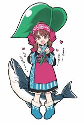 Rule 34 | 10s, 1girl, ainu clothes, boots, brown eyes, brown hair, dress, fish, full body, heart, highres, leaf umbrella, looking at viewer, osomatsu-kun, osomatsu-san, short hair, short twintails, simple background, smile, solo, twintails, white background, yowai totoko