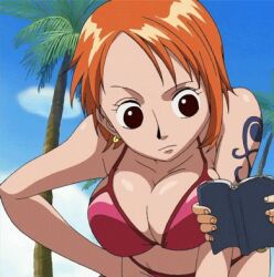 Rule 34 | 2girls, age difference, animated, animated gif, arm tattoo, armpits, bent over, bikini, black eyes, blue sky, book, bouncing breasts, breasts, cleavage, cloud, collarbone, day, earrings, hand on own hip, inoue eisaku, jewelry, large breasts, lina (one piece), multiple girls, nami (one piece), one piece, open book, orange hair, outdoors, outstretched arms, palm tree, reading, short hair, sideboob, sky, solo focus, swimsuit, tattoo, tree, upper body