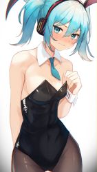 Rule 34 | 1girl, absurdres, alternate hair length, alternate hairstyle, animal ears, black leotard, blue eyes, blue hair, blush, bunny day, closed mouth, cowboy shot, deho toiimasu, detached sleeves, hatsune miku, highres, leotard, looking at viewer, navel, pantyhose, playboy bunny, rabbit ears, short twintails, simple background, solo, standing, twintails, vocaloid, white background, wrist cuffs