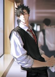 Rule 34 | 1boy, black hair, closed mouth, collared shirt, day, from side, frown, haikyuu!!, highres, holding, holding mask, indoors, korean commentary, kuroo tetsurou, looking away, looking back, male focus, mask, mixed-language commentary, muksal, necktie, red necktie, school uniform, shirt, short hair, sideways glance, sleeves rolled up, solo focus, spiked hair, striped necktie, sweater vest, unworn mask, upper body, white shirt, window