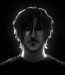 Rule 34 | 1boy, backlighting, beard, black background, black hair, black shirt, closed mouth, crunch joemama, expressionless, facial hair, glowing pupils, greyscale, hair between eyes, highres, male focus, markiplier, mature male, monochrome, narrowed eyes, portrait, real life, realistic, shirt, short hair, signature, solo