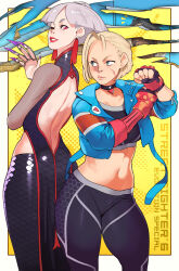 Rule 34 | 1boy, 2girls, a.k.i. (street fighter), back-to-back, back cutout, blonde hair, blue eyes, blue jacket, border, cammy white, china dress, chinese clothes, claw (weapon), clothing cutout, commentary, copyright name, crop top, cropped jacket, cropped legs, dress, earrings, english commentary, facial scar, fingerless gloves, fingernails, gloves, grey hair, highres, jacket, jewelry, long fingernails, looking at another, looking back, mole, mole under mouth, multiple girls, navel, norasuko, official art, one eye closed, outside border, pants, pendant choker, purple nails, rashid (street fighter), red lips, scar, scar on cheek, scar on face, second-party source, short hair, single vambrace, slashed background, smile, standing, stomach, street fighter, street fighter 6, tassel, tassel earrings, tight clothes, tight pants, udon entertainment, vambraces, weapon, white border, yellow background