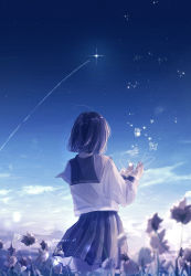 Rule 34 | 1girl, amenomori howa, blue sailor collar, blue skirt, blue sky, blurry, blurry foreground, bug, butterfly, clear sky, cloud, day, depth of field, field, flower, flower field, from behind, grey flower, highres, insect, long sleeves, nature, night, night sky, open hands, original, pleated skirt, purple hair, sailor collar, sailor shirt, school uniform, shirt, shooting star, short hair, skirt, sky, solo, star (sky), upper body, watermark