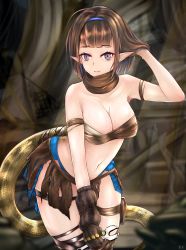 Rule 34 | 1girl, absurdres, arknights, arm strap, bandeau, bare arms, bare shoulders, black gloves, black scarf, blue eyes, blue hairband, blunt bangs, breasts, brown hair, cleavage, commentary, cowboy shot, english commentary, eunectes (arknights), gloves, hairband, hand in own hair, hand up, highres, holding, holding wrench, huge filesize, i.c.e, looking at viewer, medium breasts, midriff, navel, pointy ears, scarf, short hair, snake tail, solo, standing, stomach, strapless, tail, thigh strap, thighs, tube top, wrench