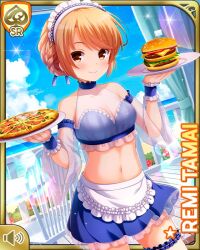 Rule 34 | 1girl, apron, beach, bikini, blue bikini, blue skirt, brown eyes, brown hair, burger, card (medium), closed mouth, day, food, girlfriend (kari), looking at viewer, low twintails, maid apron, maid headdress, ocean, official art, outdoors, pizza, qp:flapper, skirt, smile, solo, standing, swimsuit, tagme, tamai remi, thighhighs, tropical, twintails, white thighhighs