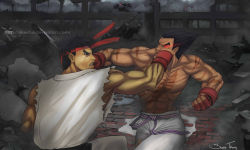 Rule 34 | 2boys, akeeba, battle, black hair, crossover, deep wound, face punch, scar on face, fingerless gloves, gloves, headband, highres, in the face, injury, male focus, mishima kazuya, multiple boys, muscular, punching, red eyes, ryu (street fighter), scar, scar across eye, scar on cheek, scar on face, scar on nose, street fighter, street fighter x tekken, tekken, thick eyebrows