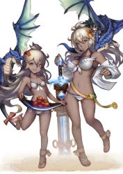 Rule 34 | 10s, 2girls, :d, ahoge, apple, belt, bikini, breasts, clothes lift, dark-skinned female, dark skin, dragon, dual persona, flower, food, fruit, granblue fantasy, hair ornament, highres, large breasts, long hair, looking at viewer, multiple girls, navel, open mouth, red eyes, sandals, sarong, sarong lift, shimashima (simasima 23), skirt basket, small breasts, smile, swimsuit, sword, weapon, white bikini, white hair, aged down, zooey (granblue fantasy), zooey (summer) (granblue fantasy)