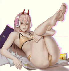 Rule 34 | + +, 1girl, barefoot, blonde hair, bra, breasts, chainsaw man, cross-shaped pupils, demon horns, feet, hair between eyes, headphones, horns, legs, legs up, long hair, looking at viewer, nail polish, orange eyes, paid reward available, panties, power (chainsaw man), red horns, small breasts, smile, solo, symbol-shaped pupils, teemu taiga, toenail polish, toenails, underwear, underwear only