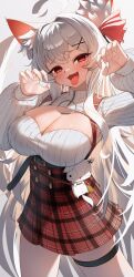 Rule 34 | 1girl, absurdres, ahoge, animal ear fluff, animal ears, blush, breasts, claw pose, cleavage, copyright request, cowboy shot, fang, fox ears, hair ornament, hair ribbon, high-waist skirt, highres, keureu (tiqkdtiqkd10), large breasts, long hair, long sleeves, looking at viewer, open mouth, plaid, plaid skirt, puffy long sleeves, puffy sleeves, red eyes, ribbon, simple background, skirt, solo, standing, sweater, thigh strap, tongue, tongue out, very long hair, virtual youtuber, white hair, white sweater, x hair ornament