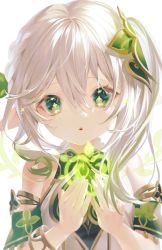 Rule 34 | 1girl, child, cross-shaped pupils, detached sleeves, genshin impact, gradient hair, green eyes, green hair, green sleeves, hair ornament, highres, leaf hair ornament, long hair, multicolored hair, nahida (genshin impact), parted lips, pointy ears, sainome (imveryfinethx), side ponytail, solo, symbol-shaped pupils, white hair