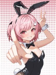 1girl absurdres animal_ears black_leotard breasts cleavage detached_collar fake_animal_ears fake_tail fritia_ignis hair_ornament hairpin highres kai_si_(hscn5578) leotard looking_at_viewer pink_hair playboy_bunny pointing rabbit_ears rabbit_hair_ornament rabbit_tail red_eyes short_hair side-tie_leotard small_breasts smile snowbreak:_containment_zone solo strapless strapless_leotard tail v wrist_cuffs