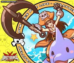 Rule 34 | 1girl, anchor, brown eyes, brown hair, dolphin, fingerless gloves, gloves, guilty gear, hat, long hair, may (guilty gear), open mouth, orange headwear, pirate hat, richard suwono, skull and crossbones, smile, water