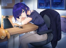 Rule 34 | 1girl, a-chan (hololive), absurdres, ankimo (tokino sora), arm support, blue bow, blue eyes, blue hair, blue shirt, blush, bow, breasts, bulletin board, cameo, chair, checkered floor, city, closed mouth, commentary, computer, desk, english commentary, feet out of frame, grey pants, hair bow, hair intakes, half updo, head rest, highres, hololive, hololive english, huge filesize, id card, indoors, jacket, keyboard (computer), lanyard, listener (inugami korone), looking at viewer, medium breasts, monitor, mouse (computer), night, office chair, official alternate costume, ootoii, pants, paper, pointing, pointing at viewer, shirt, short hair, sitting, smile, solo, ssrb (shishiro botan), striped clothes, striped shirt, stuffed animal, stuffed toy, subaru duck, swivel chair, takodachi (ninomae ina&#039;nis), twitter username, unworn eyewear, unworn jacket, vertical-striped clothes, vertical-striped shirt, virtual youtuber, window