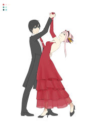 Rule 34 | 10s, 1boy, 1girl, black footwear, black hair, black pants, blue eyes, breasts, commentary request, couple, dancing, darling in the franxx, dress, elbow gloves, formal, gloves, green eyes, hair ornament, hairband, hand grab, hand on another&#039;s back, hand on another&#039;s shoulder, hetero, high heels, highres, hiro (darling in the franxx), horns, long hair, medium breasts, new romantics, no socks, oni horns, pant suit, pants, pink hair, red dress, red gloves, red horns, shoes, short hair, sleeveless, sleeveless dress, suit, tango, white hairband, zero two (darling in the franxx)