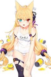 Rule 34 | 1girl, animal ears, blonde hair, blue eyes, bow, braid, breasts, character name, collarbone, g41 (beach punk 2064) (girls&#039; frontline), g41 (girls&#039; frontline), girls&#039; frontline, hair bow, hair ornament, hair ribbon, hand on floor, hand on leg, heterochromia, kir (khw66136132), long hair, looking at viewer, official alternate costume, on floor, one-piece swimsuit, open mouth, red eyes, ribbon, school swimsuit, sitting, small breasts, solo, swimsuit, white background, white one-piece swimsuit