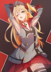 Rule 34 | 1girl, admiral hipper (azur lane), armpit cutout, armpits, arms up, azur lane, black thighhighs, blonde hair, blush, breasts, clothing cutout, collarbone, cross, fang, green eyes, grey jacket, hair between eyes, iron cross, jacket, long hair, long sleeves, looking at viewer, medium breasts, mole, mole under eye, one eye closed, open mouth, pleated skirt, red skirt, skirt, solo, thighhighs, tilt-shift (azalanz), two side up, very long hair, visor cap