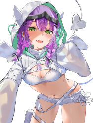 Rule 34 | 1girl, absurdres, breasts, colored inner hair, demon girl, demon tail, demon wings, ear piercing, gloves, goggles, goggles on head, green eyes, highres, hip tattoo, hololive, knee pads, long hair, long sleeves, looking at viewer, medium breasts, midriff, multicolored hair, nagiushi, navel, navel piercing, official alternate costume, piercing, pink hair, ponytail, purple hair, see-through, see-through sleeves, short shorts, shorts, small breasts, solo, streaked hair, tail, tokoyami towa, tokoyami towa (5th costume), virtual youtuber, white gloves, white shorts, wings