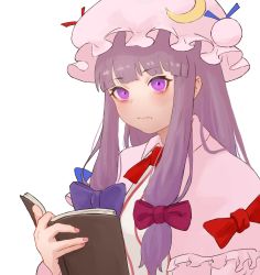 Rule 34 | 1girl, blunt bangs, blush, book, bow, breasts, capelet, closed mouth, commentary request, crescent, crescent hat ornament, dress, frown, hair ribbon, hat, hat ornament, highres, holding, holding book, hollow (siglopur), long hair, looking at viewer, medium breasts, mob cap, nail polish, patchouli knowledge, pink capelet, pink dress, pink hat, pink nails, purple bow, purple eyes, purple hair, red bow, ribbon, sidelocks, simple background, solo, striped, touhou, tress ribbon, upper body, vertical stripes, white background