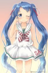 Rule 34 | 1girl, anchor, artist name, bare legs, blue eyes, blue hair, blush, collarbone, commentary request, cosplay, dress, gradient background, grecale (kancolle), grecale (kancolle) (cosplay), hair ribbon, kantai collection, long hair, looking at viewer, mae (maesanpicture), neckerchief, one eye closed, ribbon, sailor collar, sailor dress, samidare (kancolle), scratching cheek, sidelocks, sleeveless, sleeveless dress, smile, solo, striped neckerchief, striped neckwear, swept bangs, twintails, very long hair, white sailor collar
