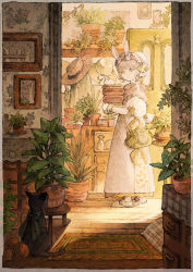 Rule 34 | 1girl, absurdres, animal, animal ears, bag, baiguiyu, black cat, bonnet, border, bottle, bow, cat, chest of drawers, clothed animal, commentary request, day, doormat, dress, facing away, green bow, green ribbon, grey footwear, grey hair, hat, highres, holding, indoors, juliet sleeves, long sleeves, looking at viewer, looking to the side, open door, original, pantyhose, photo (object), picture frame, plaid, plant, potted plant, puffy sleeves, rabbit, rabbit ears, rabbit girl, rabbit tail, ribbon, running bond, shawl, shelf, shoes, shoulder bag, sidelocks, solo, standing, stool, tail, unworn hat, unworn headwear, vines, wallpaper (object), wavy hair, white hat, white pantyhose, wooden floor, yarn, yarn ball