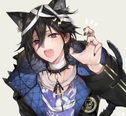 Rule 34 | 1boy, animal ears, animal hood, artist name, bandages, black hair, black jacket, black nails, cat boy, cat ears, cat tail, collar, commentary request, cross, fang, fingernails, hair ornament, handprint, highres, holostars, hood, hood down, jacket, jewelry, kanade izuru, lightning bolt symbol, lightning bolt hair ornament, long sleeves, looking at viewer, male focus, nail polish, open mouth, pendant, purple hair, purple shirt, sharp fingernails, shirt, short hair, simple background, slit pupils, solo, spiked collar, spikes, tail, tcb, upper body, virtual youtuber