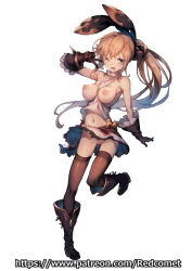 Rule 34 | 10s, 1girl, ;d, artist name, bare shoulders, between breasts, black footwear, black gloves, black thighhighs, blush, boots, breasts, brown hair, clarisse (granblue fantasy), full body, gloves, granblue fantasy, green eyes, groin, hair ribbon, leg up, long hair, looking at viewer, medium breasts, navel, nipples, no panties, one eye closed, open mouth, ponytail, pussy, redcomet, ribbon, shirt, simple background, skirt, smile, solo, standing, standing on one leg, thighhighs, uncensored, v, very long hair, watermark, web address, white background