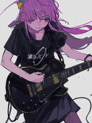 Rule 34 | 1girl, aamond, absurdres, black shirt, bocchi the rock!, cube hair ornament, electric guitar, gibson les paul, gotoh hitori, grey background, grey skirt, guitar, hair between eyes, hair ornament, hair over eyes, highres, holding, holding instrument, instrument, long hair, looking to the side, music, one side up, open mouth, pants, pants under skirt, pink hair, pink pants, playing instrument, pleated skirt, shirt, short sleeves, simple background, skirt, solo, sweatdrop