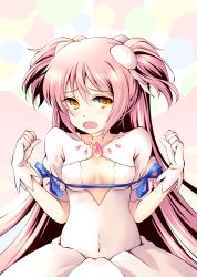 Rule 34 | 1girl, artist name, blue ribbon, blush, bow, breasts, choker, cleavage, cleavage cutout, clothing cutout, dress, gloves, hair bow, hands up, highres, hikaru 310, kaname madoka, long hair, looking at viewer, mahou shoujo madoka magica, mahou shoujo madoka magica (anime), medium breasts, open mouth, parody, pink hair, rei no himo, ribbon, solo, trait connection, twitter username, two side up, ultimate madoka, upper body, white bow, white choker, white dress, white gloves, yellow eyes