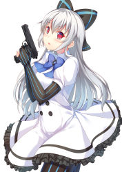 Rule 34 | 1girl, blue bow, blush, bow, buttons, dress, elbow gloves, girls&#039; frontline, gloves, gun, hair between eyes, hair bow, handgun, hands up, highres, holding, holding gun, holding weapon, ldfe mk2, long hair, looking at viewer, open mouth, partially fingerless gloves, red eyes, sidelocks, silver hair, simple background, solo, star (symbol), striped clothes, striped gloves, striped thighhighs, thighhighs, tokarev (girls&#039; frontline), tokarev tt-33, weapon, white background, white dress