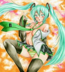 Rule 34 | 1girl, bad id, bad pixiv id, blush, breasts, covered erect nipples, green eyes, green hair, hatsune miku, headset, izumontan, long hair, matching hair/eyes, nail polish, necktie, open clothes, open shirt, panties, pantyshot, shirt, skirt, solo, striped clothes, striped panties, thighhighs, twintails, underwear, upskirt, very long hair, vocaloid
